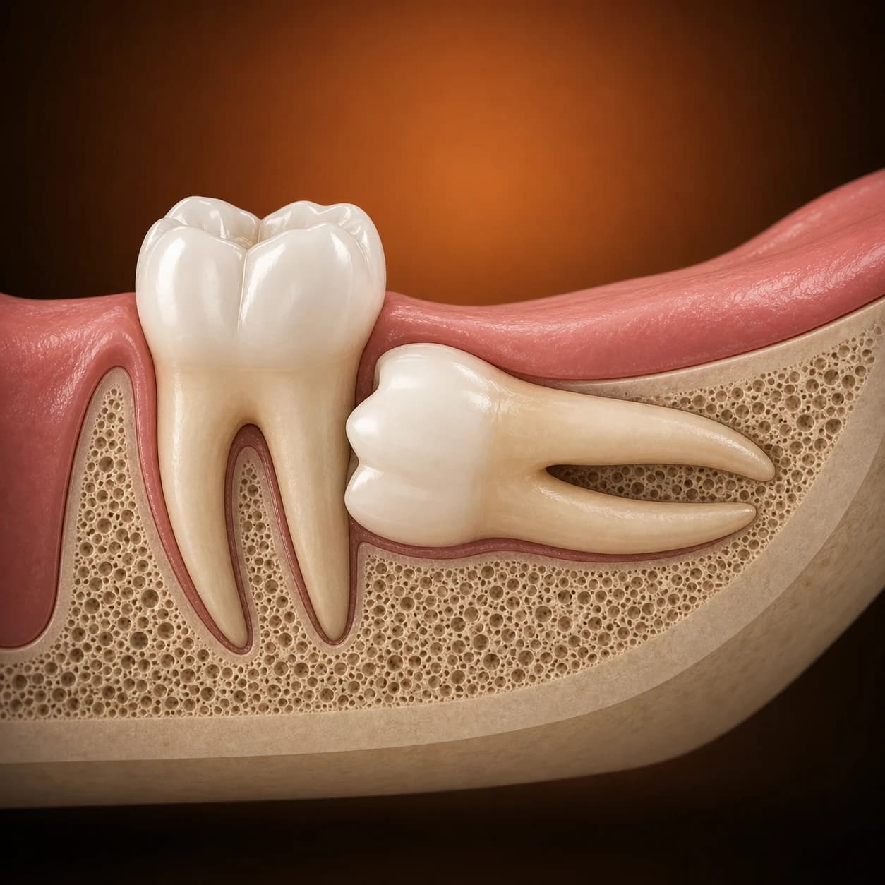 Molar de minte orizontal impactat spre molarul vecin