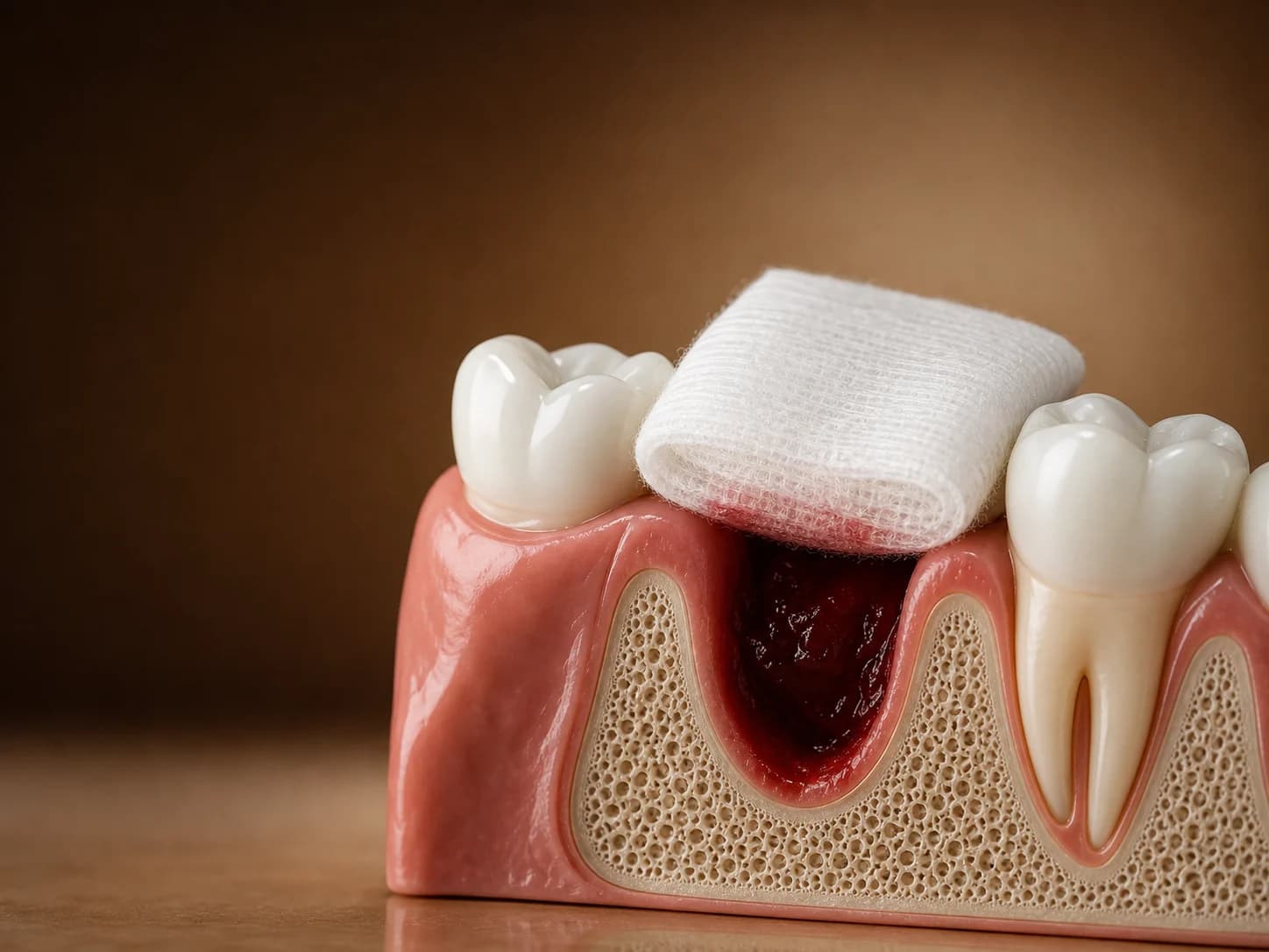Alveolă postextracțională cu cheag și compresă de tifon